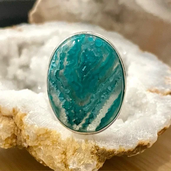 Green Mexican Laguna Lace Agate Gemstone Silver Ring Size 8.5 - Picture 2 of 6